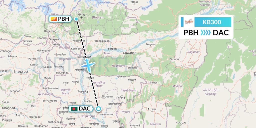 KB300 Druk Air Flight Map: Paro to Dhaka