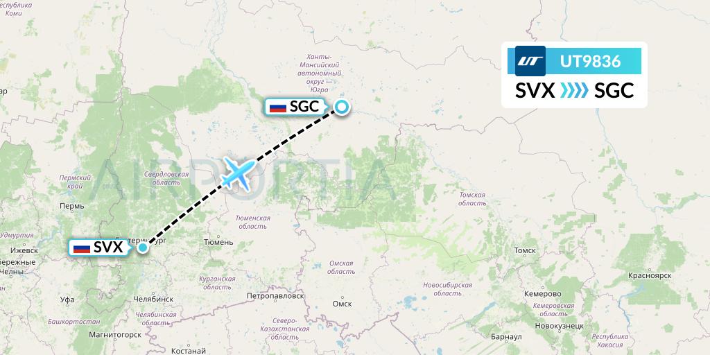 UT9836 UTair Flight Map: Yekaterinburg to Surgut