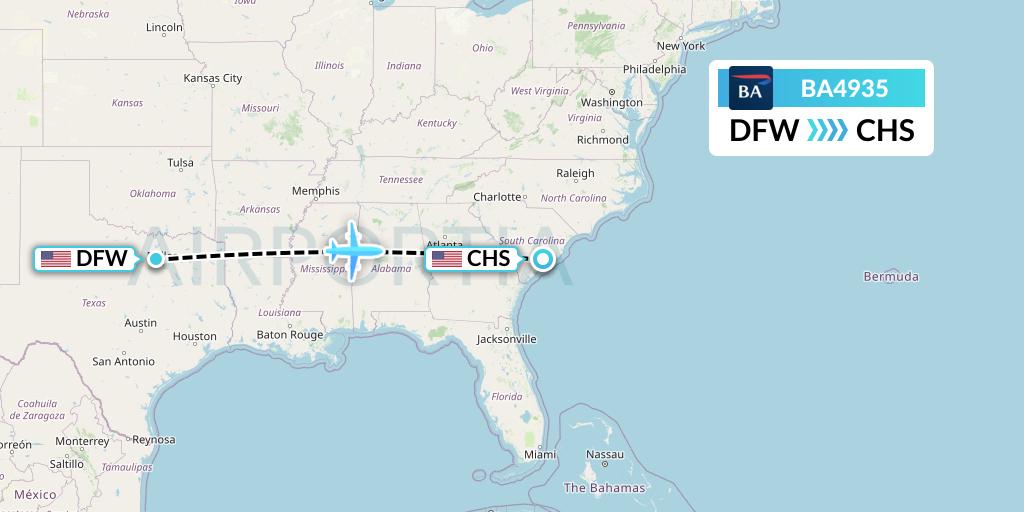 BA4935 British Airways Flight Map: Dallas to Charleston