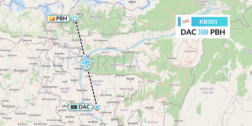 KB301 Druk Air Flight Map: Dhaka to Paro