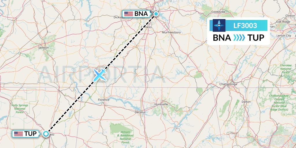 LF3003 Corporate Flight Management Flight Map: Nashville to Tupelo