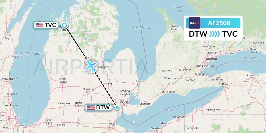 AF2508 Air France Flight Map: Detroit to Traverse City