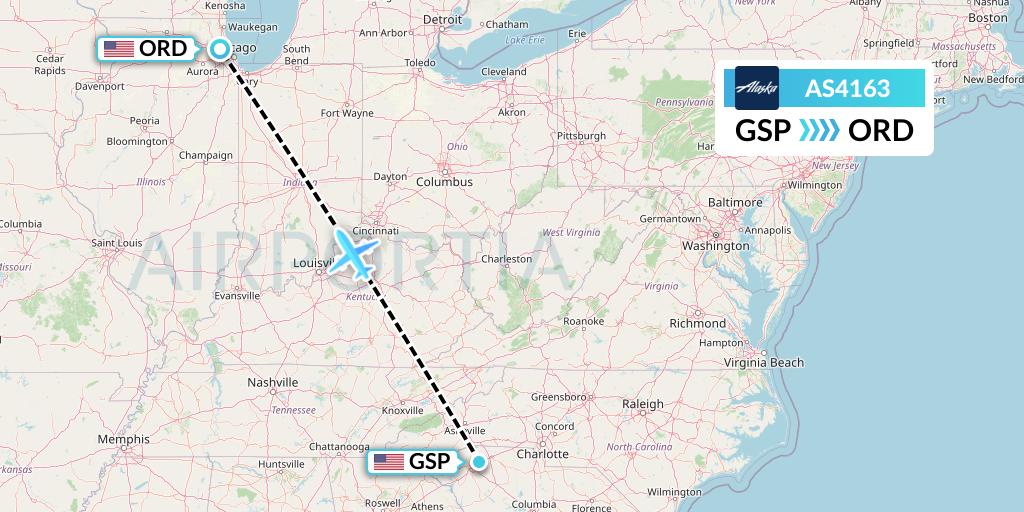 AS4163 Alaska Airlines Flight Map: Greenville-Spartanburg to Chicago