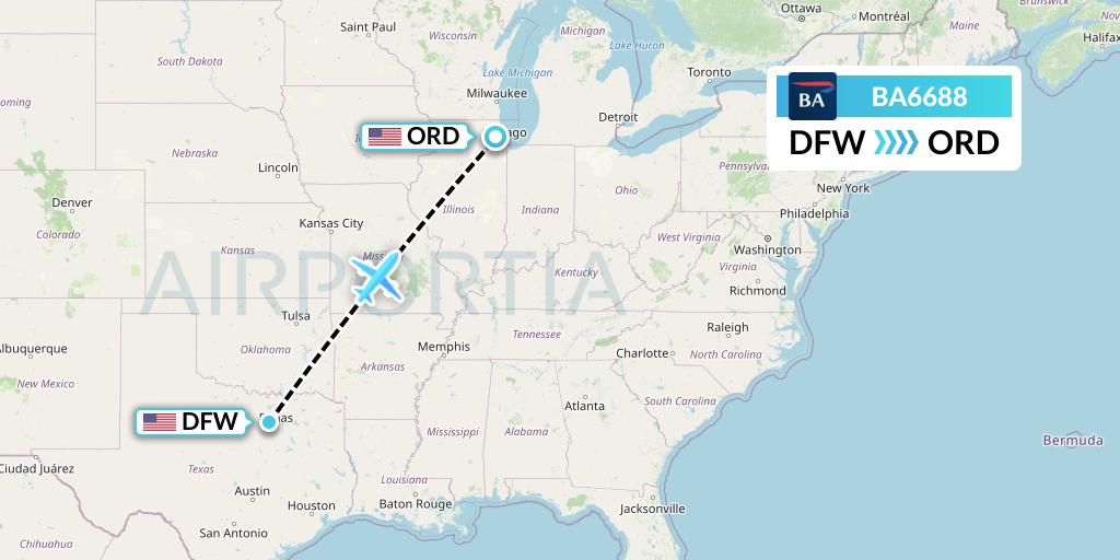 BA6688 British Airways Flight Map: Dallas to Chicago