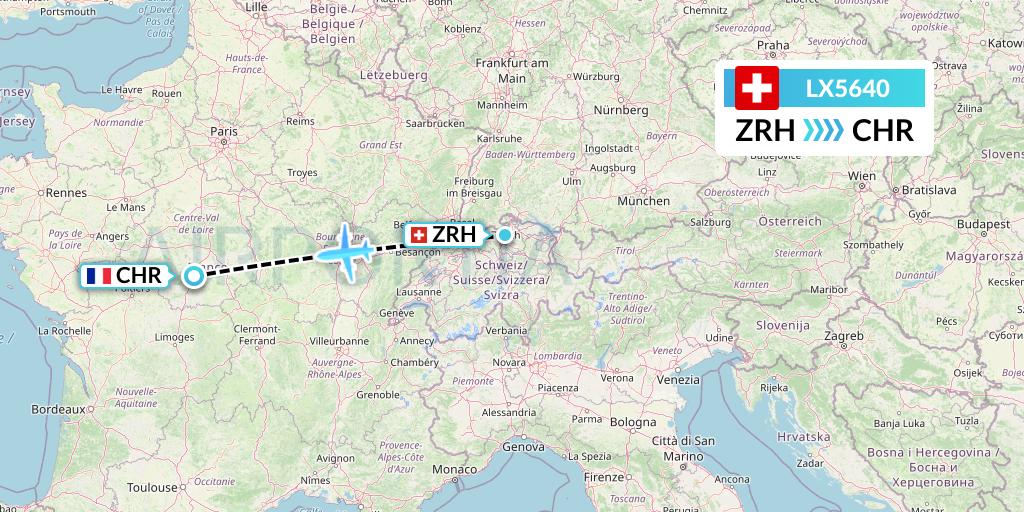 LX5640 Swiss Flight Map: Zurich to Chateauroux