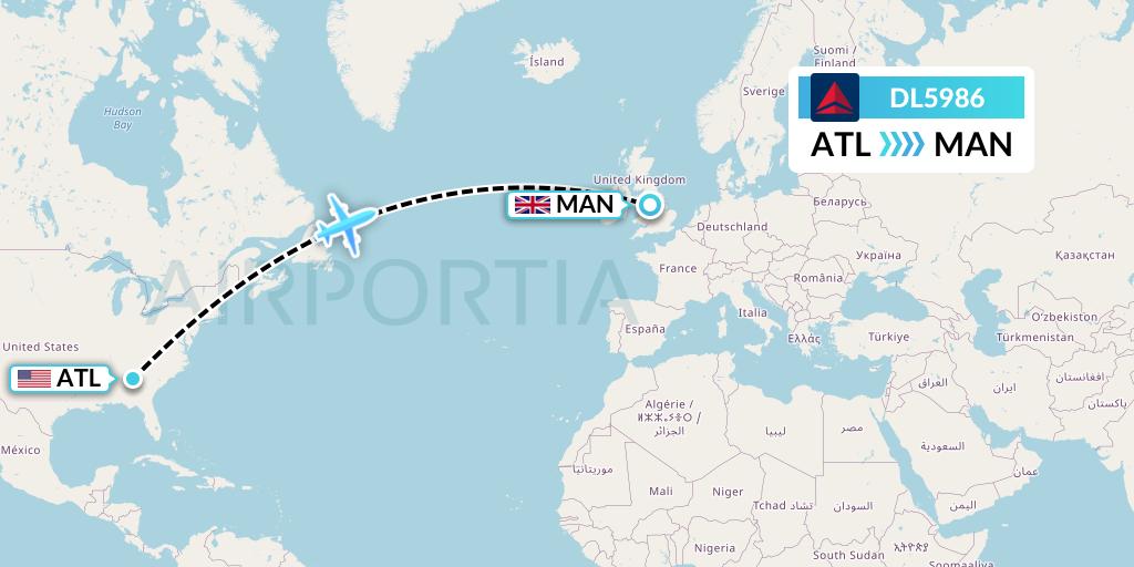 DL5986 Delta Air Lines Flight Map: Atlanta to Manchester
