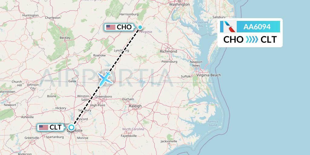 AA6094 American Airlines Flight Map: Charlottesville to Charlotte