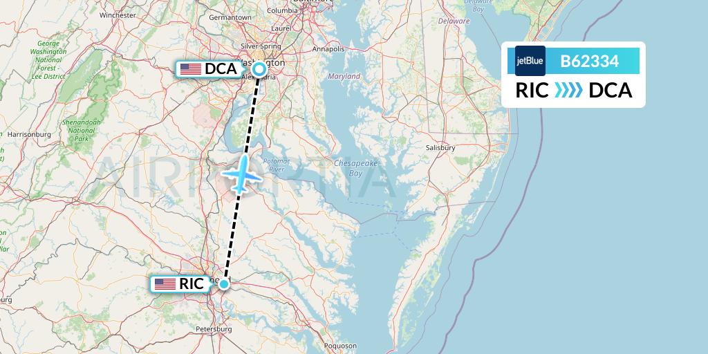B62334 JetBlue Airways Flight Map: Richmond to Washington