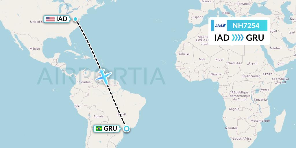 NH7254 All Nippon Airways Flight Map: Washington to Sao Paulo