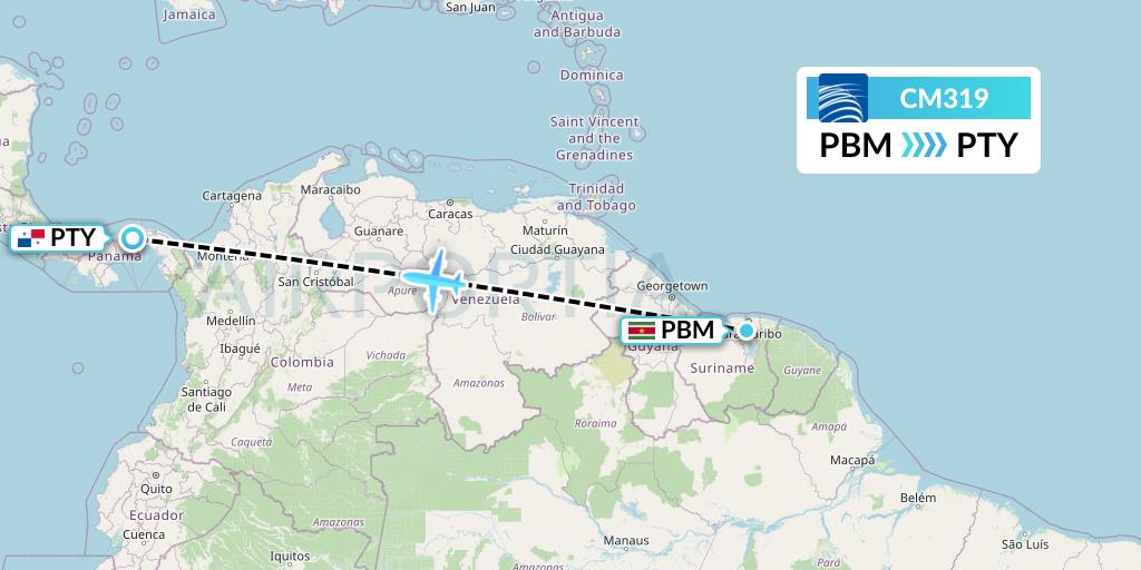 CM319 Copa Airlines Flight Map: Paramaribo to Panama City