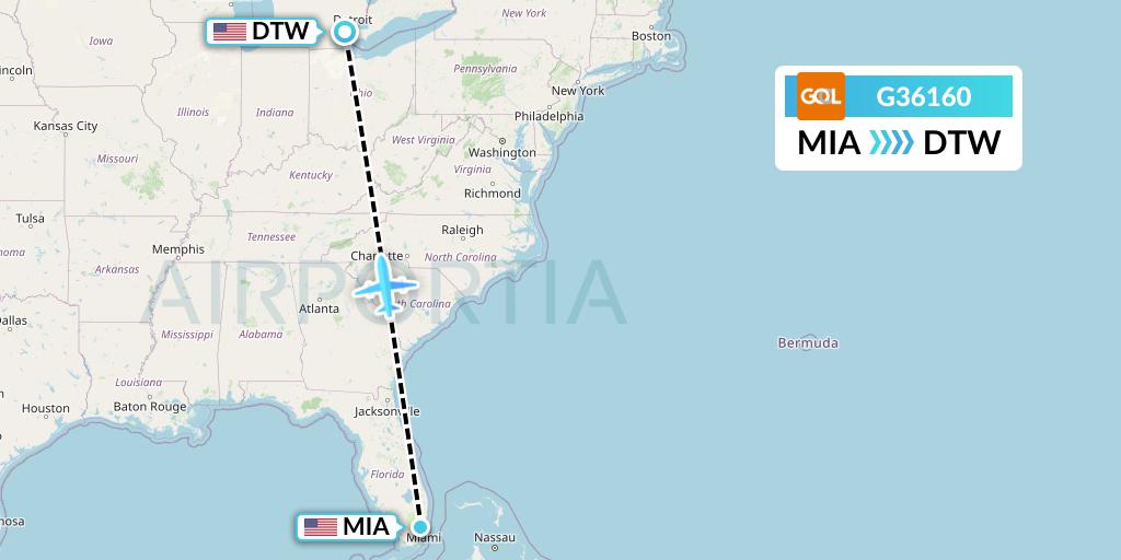 G36160 GOL Transportes Aeros Flight Map: Miami to Detroit