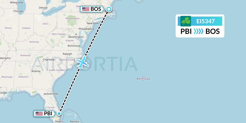 EI5347 Aer Lingus Flight Map: West Palm Beach to Boston