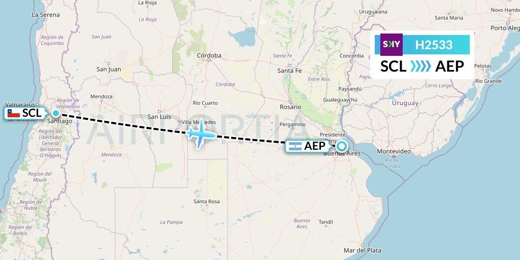 H2533 Sky Airline Flight Map: Santiago to Buenos Aires