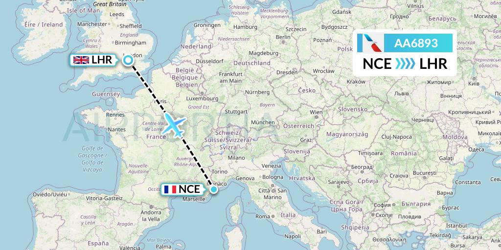 AA6893 American Airlines Flight Map: Nice to London