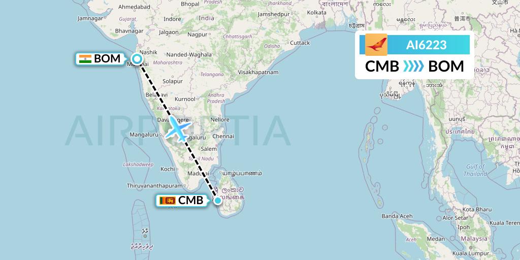 AI6223 Air India Flight Map: Colombo to Mumbai