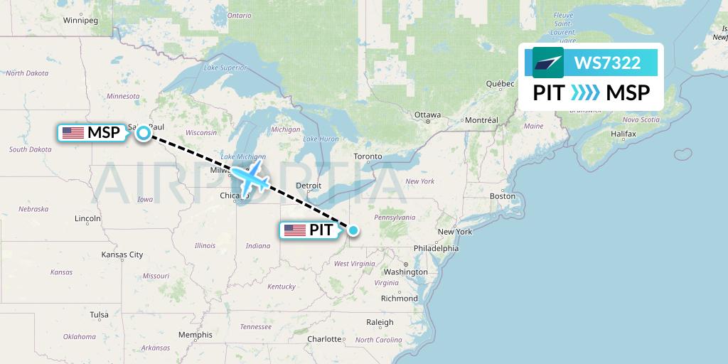 WS7322 WestJet Flight Map: Pittsburgh to Minneapolis