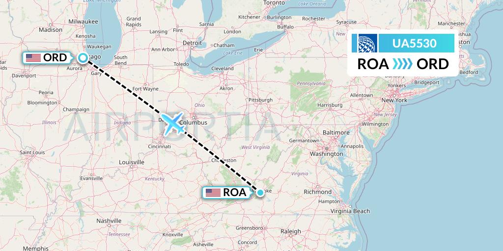 UA5530 United Airlines Flight Map: Roanoke to Chicago