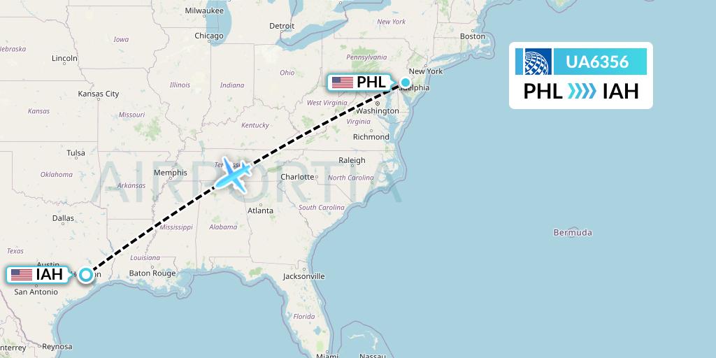 UA6356 United Airlines Flight Map: Philadelphia to Houston