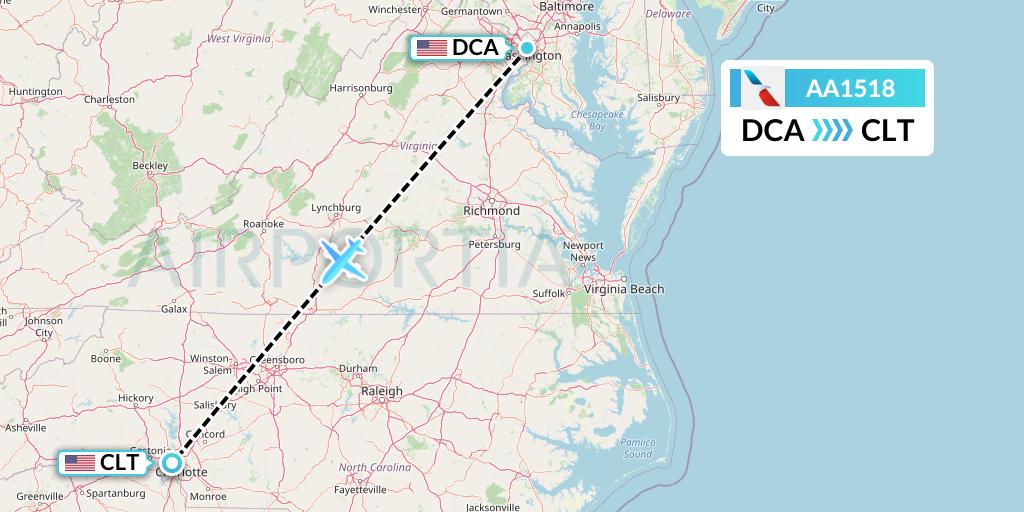 AA1518 American Airlines Flight Map: Washington to Charlotte