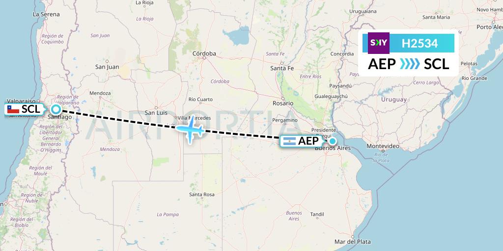 H2534 Sky Airline Flight Map: Buenos Aires to Santiago