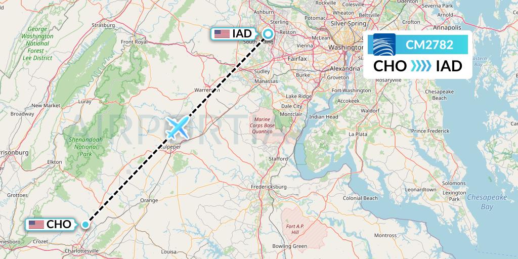 CM2782 Copa Airlines Flight Map: Charlottesville to Washington