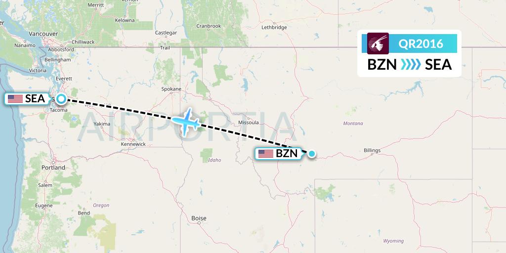 QR2016 Qatar Airways Flight Map: Bozeman to Seattle