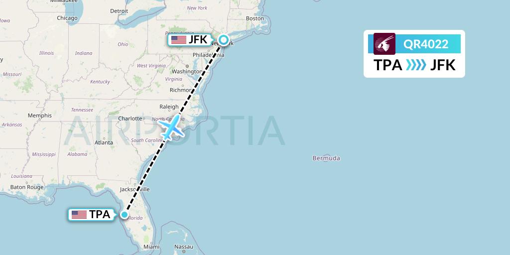 QR4022 Qatar Airways Flight Map: Tampa to New York