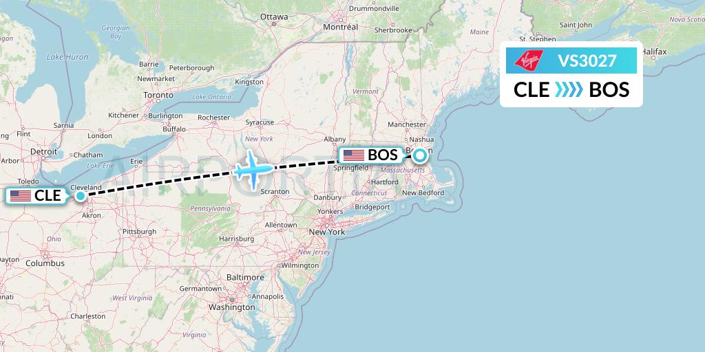 VS3027 Virgin Atlantic Airways Flight Map: Cleveland to Boston
