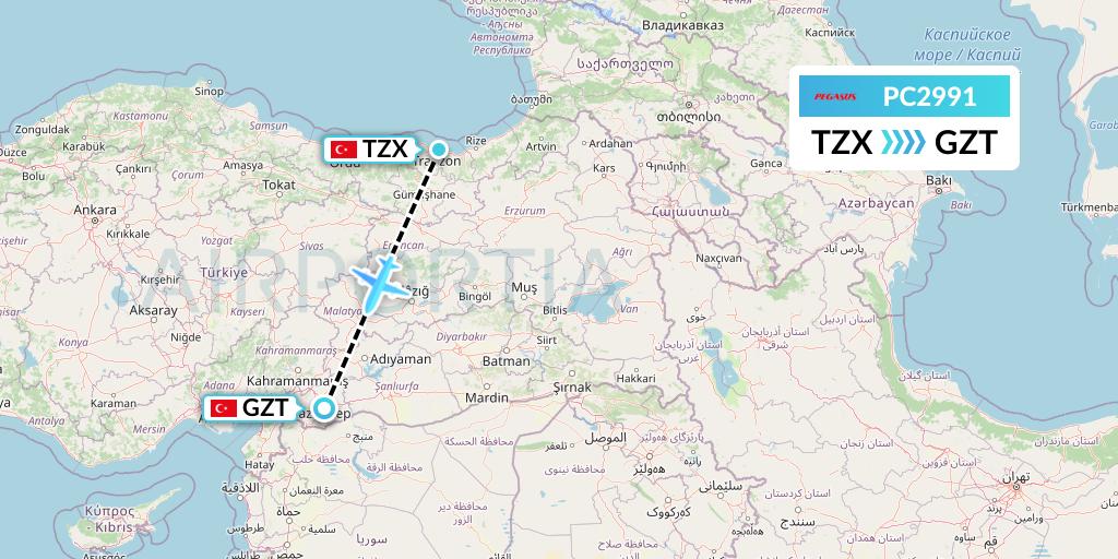 PC2991 Pegasus Airlines Flight Map: Trabzon to Gaziantep