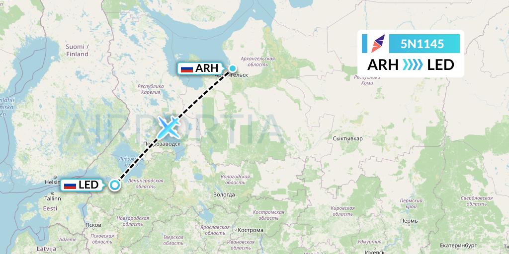5N1145 Nordavia Flight Map: Arkhangelsk to St. Petersburg