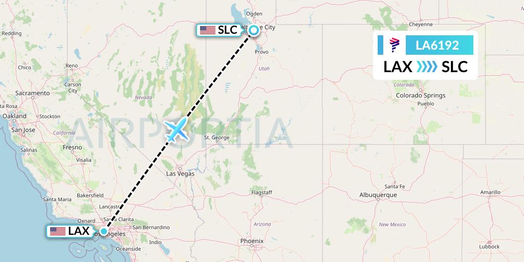 LA6192 LAN Airlines Flight Map: Los Angeles to Salt Lake City