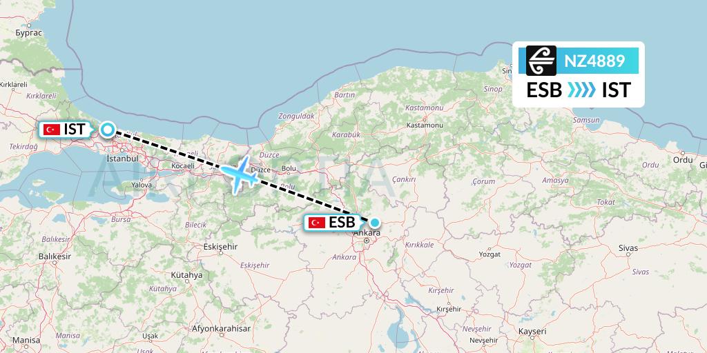 NZ4889 Air New Zealand Flight Map: Ankara to Istanbul