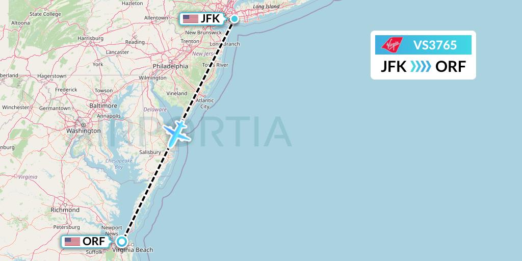 VS3765 Virgin Atlantic Airways Flight Map: New York to Norfolk
