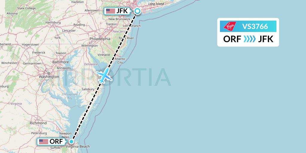 VS3766 Virgin Atlantic Airways Flight Map: Norfolk to New York