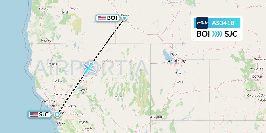 AS3418 Alaska Airlines Flight Map: Boise to San Jose