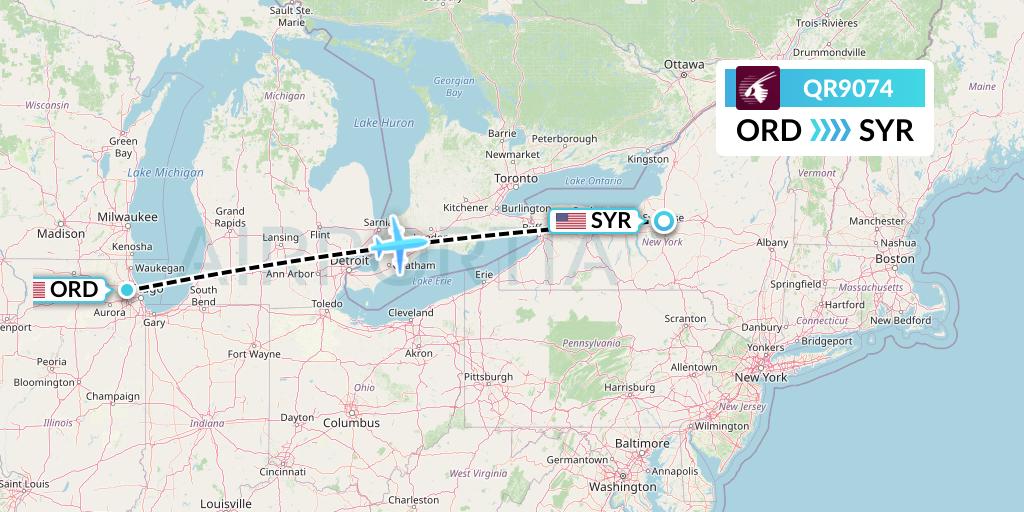QR9074 Qatar Airways Flight Map: Chicago to Syracuse