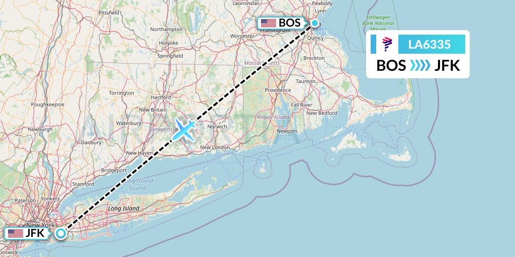 LA6335 LAN Airlines Flight Map: Boston to New York