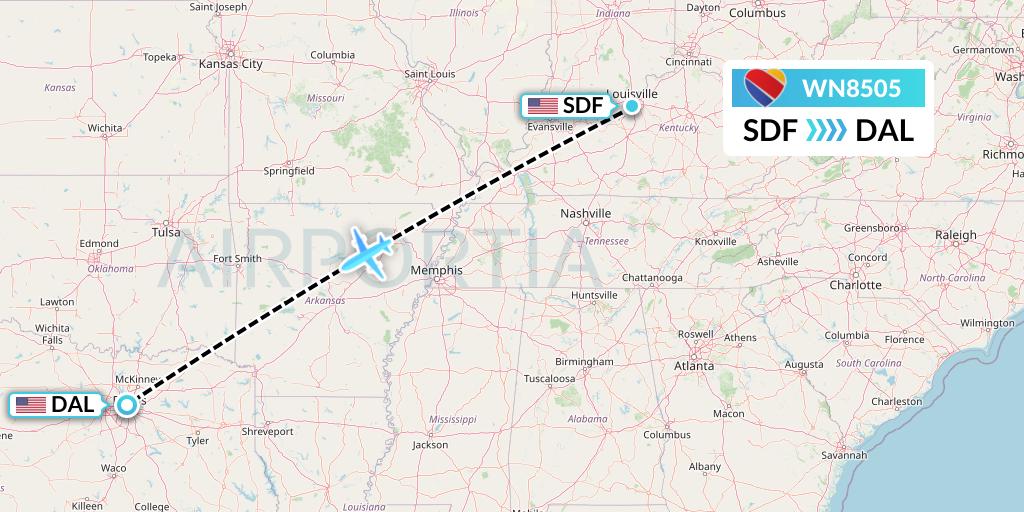 WN8505 Southwest Airlines Flight Map: Louisville to Dallas