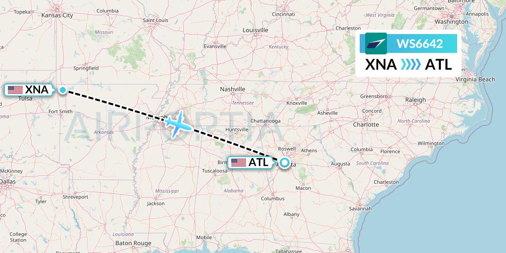 WS6642 WestJet Flight Map: Bentonville to Atlanta