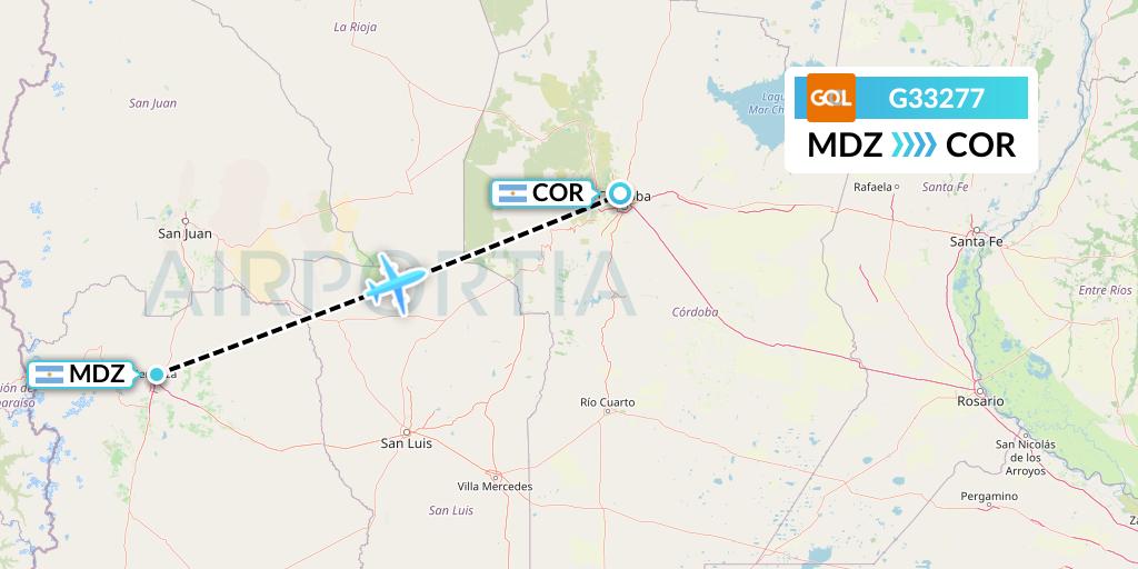 G33277 GOL Transportes Aeros Flight Map: Mendoza to Cordoba