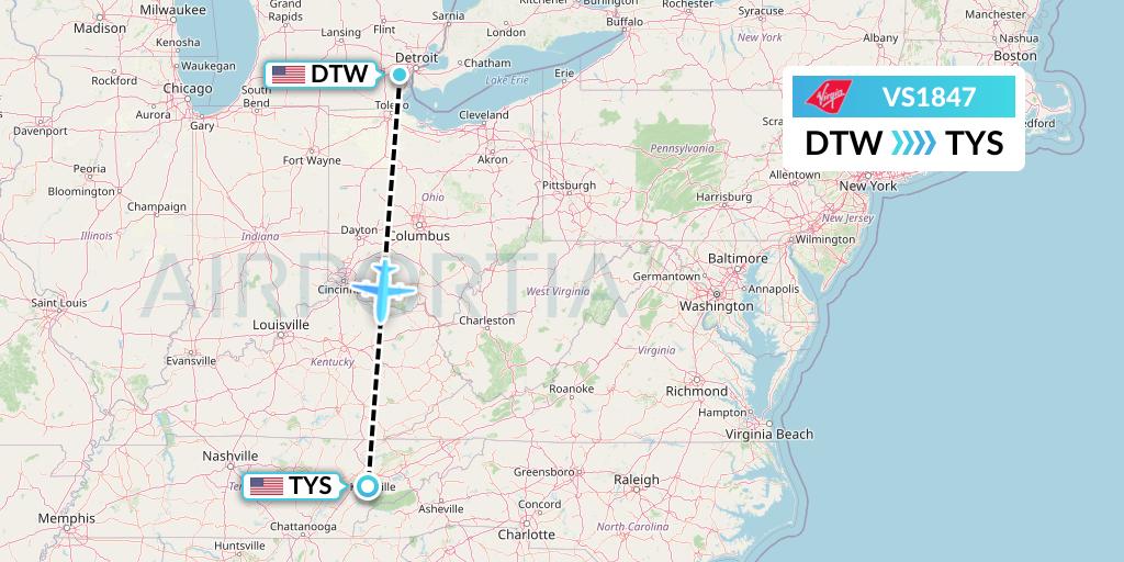 VS1847 Virgin Atlantic Airways Flight Map: Detroit to Knoxville