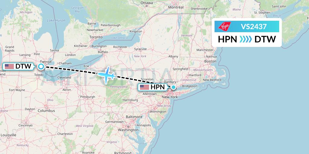 VS2437 Virgin Atlantic Airways Flight Map: White Plains to Detroit