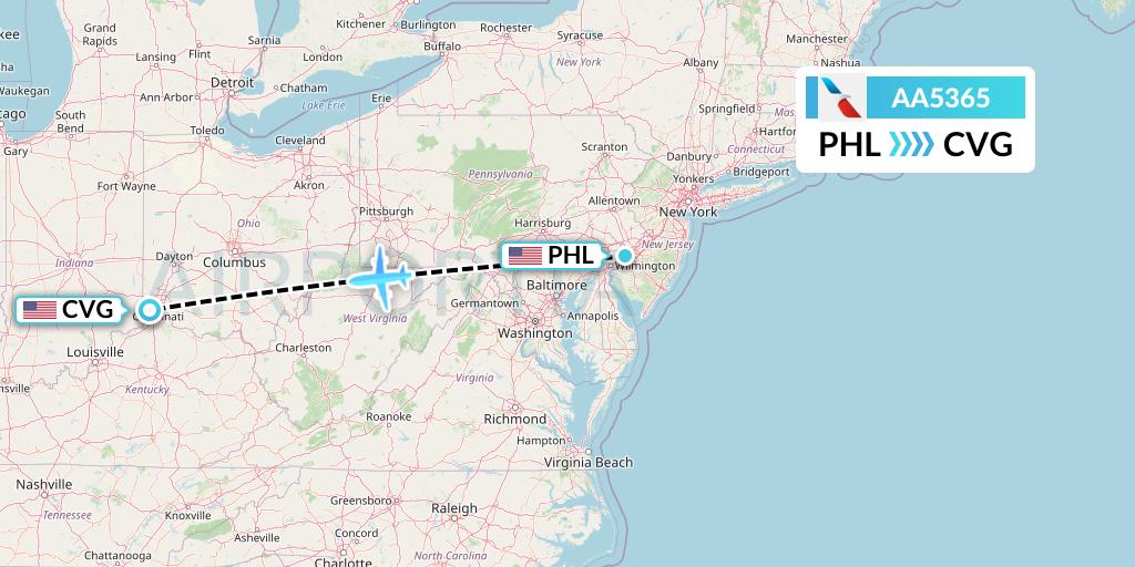 AA5365 American Airlines Flight Map: Philadelphia to Cincinnati