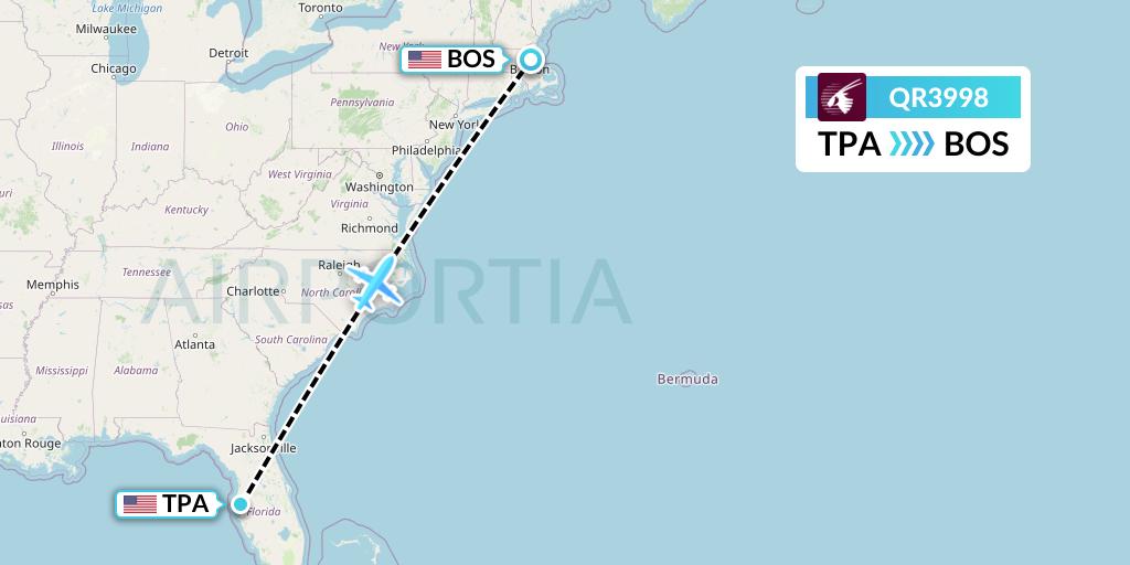 QR3998 Qatar Airways Flight Map: Tampa to Boston