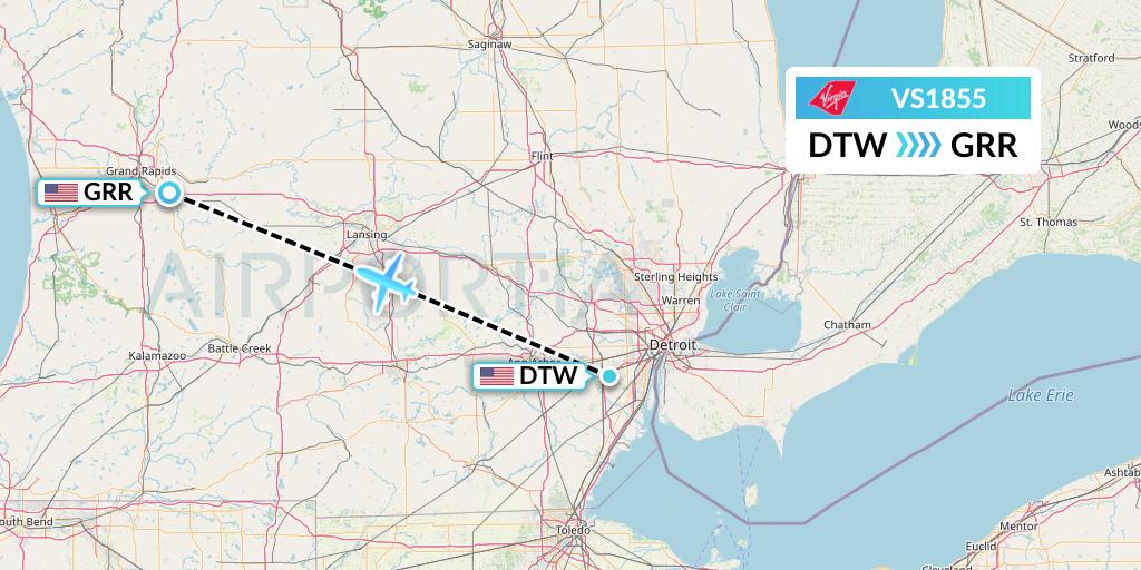 VS1855 Virgin Atlantic Airways Flight Map: Detroit to Grand Rapids
