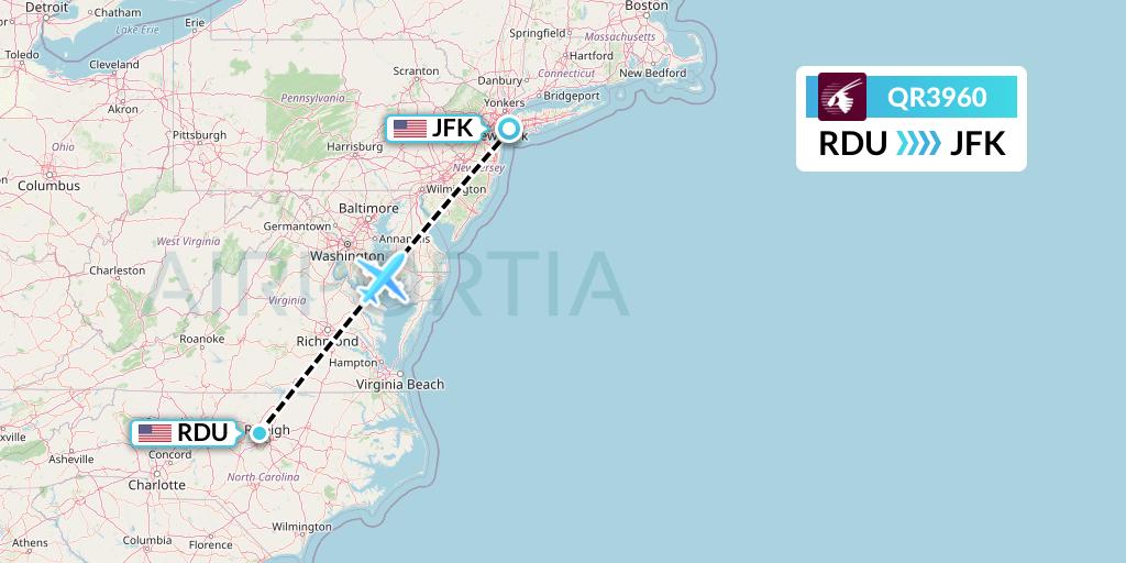 QR3960 Qatar Airways Flight Map: Raleigh-Durham to New York