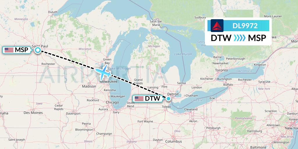 DL9972 Delta Air Lines Flight Map: Detroit to Minneapolis