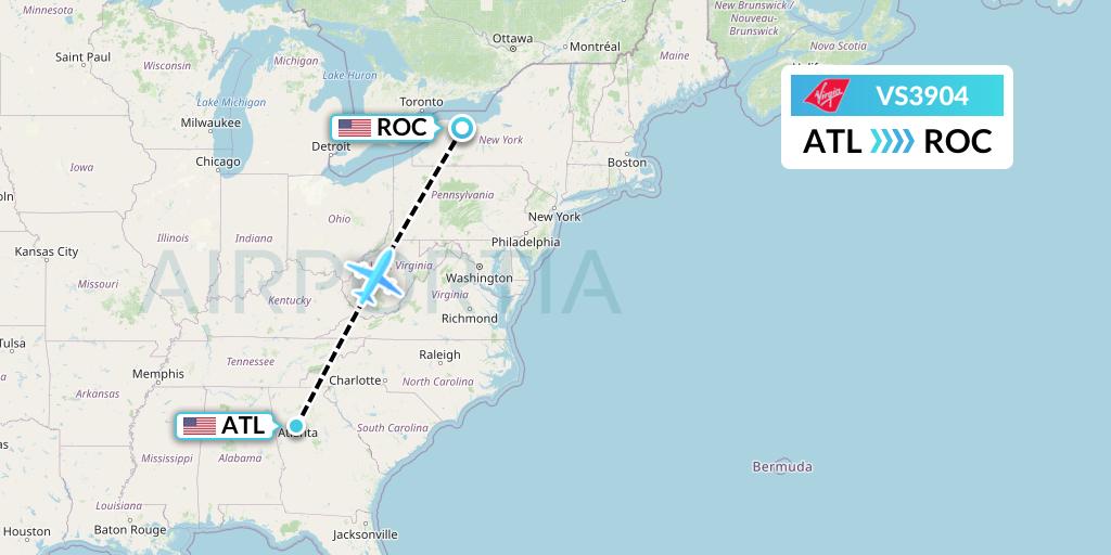 VS3904 Virgin Atlantic Airways Flight Map: Atlanta to Rochester