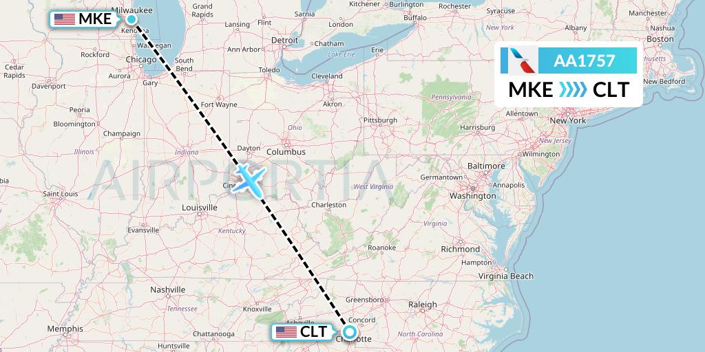 AA1757 American Airlines Flight Map: Milwaukee to Charlotte