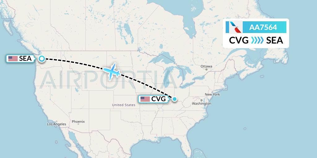 AA7564 American Airlines Flight Map: Cincinnati to Seattle